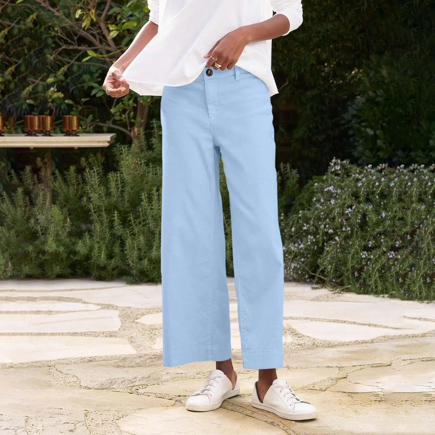 Wide Leg Linen Pants Women Cropped Elastic High Waisted Dress Pants Business Casual Comfy Work Trousers with Pockets