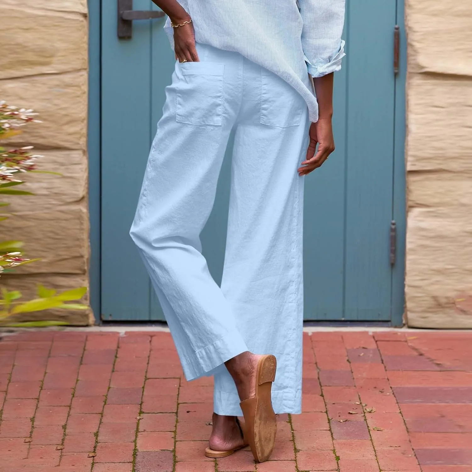 Wide Leg Linen Pants Women Cropped Elastic High Waisted Dress Pants Business Casual Comfy Work Trousers with Pockets