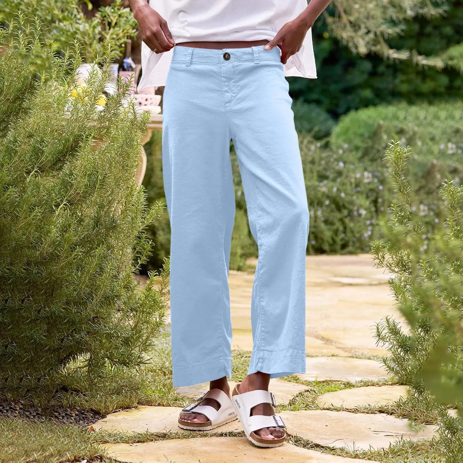 Wide Leg Linen Pants Women Cropped Elastic High Waisted Dress Pants Business Casual Comfy Work Trousers with Pockets