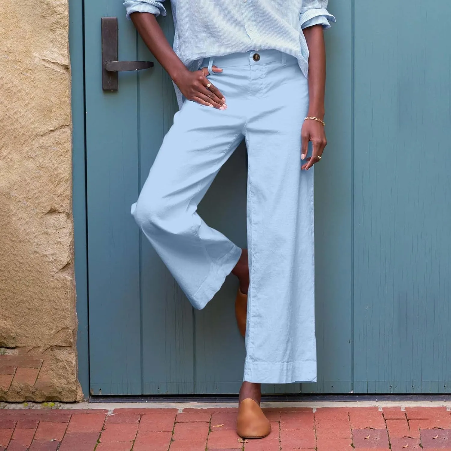 Wide Leg Linen Pants Women Cropped Elastic High Waisted Dress Pants Business Casual Comfy Work Trousers with Pockets
