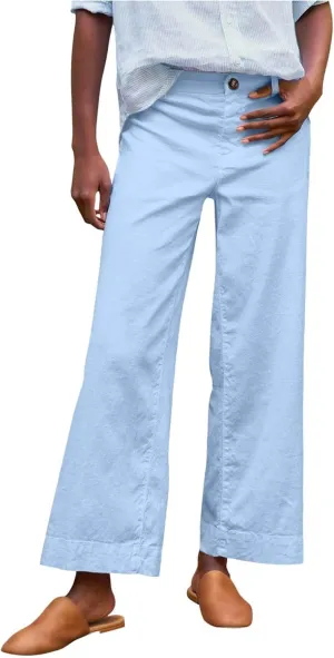 Wide Leg Linen Pants Women Cropped Elastic High Waisted Dress Pants Business Casual Comfy Work Trousers with Pockets