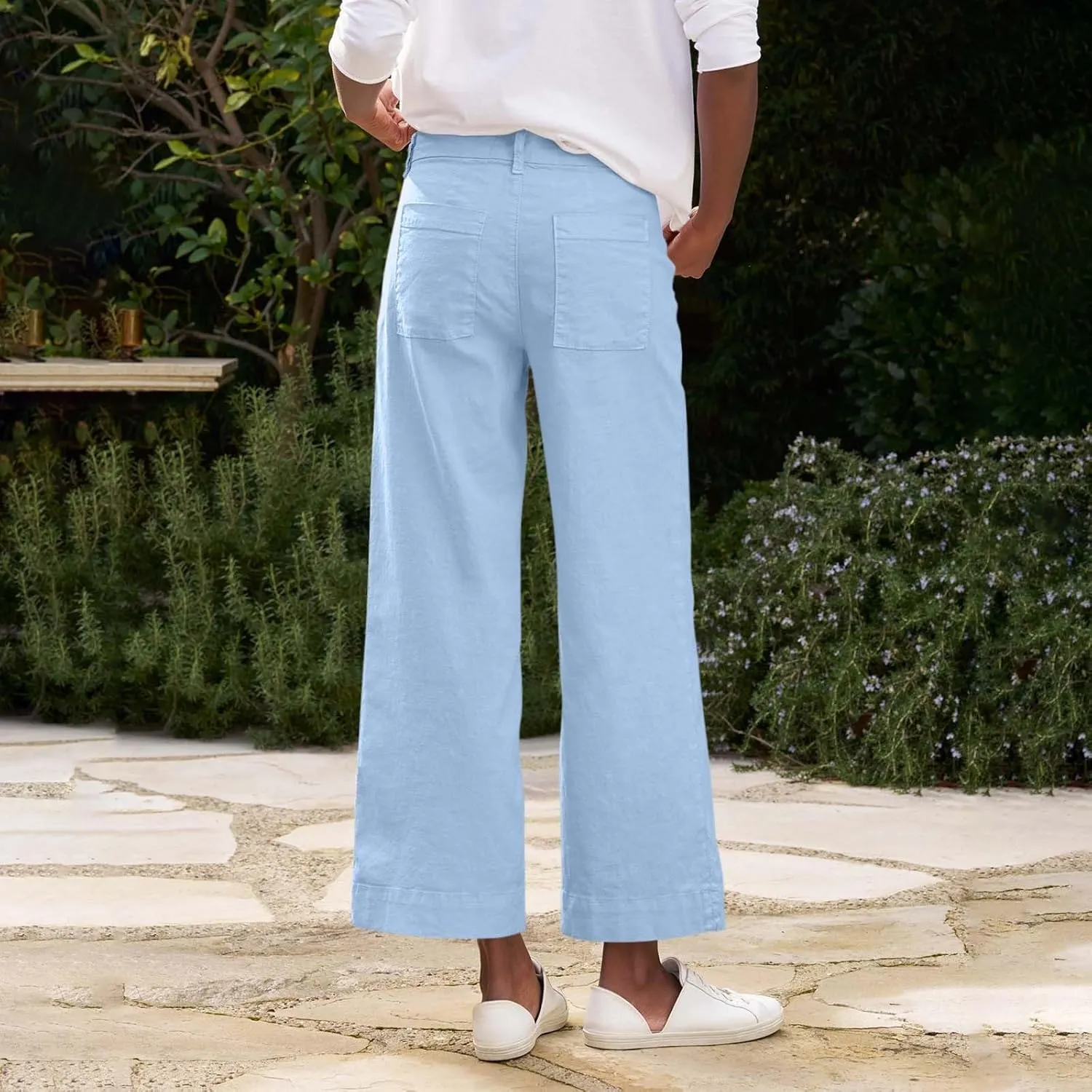 Wide Leg Linen Pants Women Cropped Elastic High Waisted Dress Pants Business Casual Comfy Work Trousers with Pockets