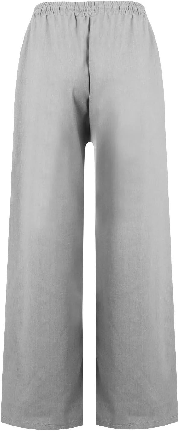 Wide Leg Linen Pants Women Summer Elastic High Waisted Palazzo Pants Side Slit Casual Work Beach Trousers with Pocket
