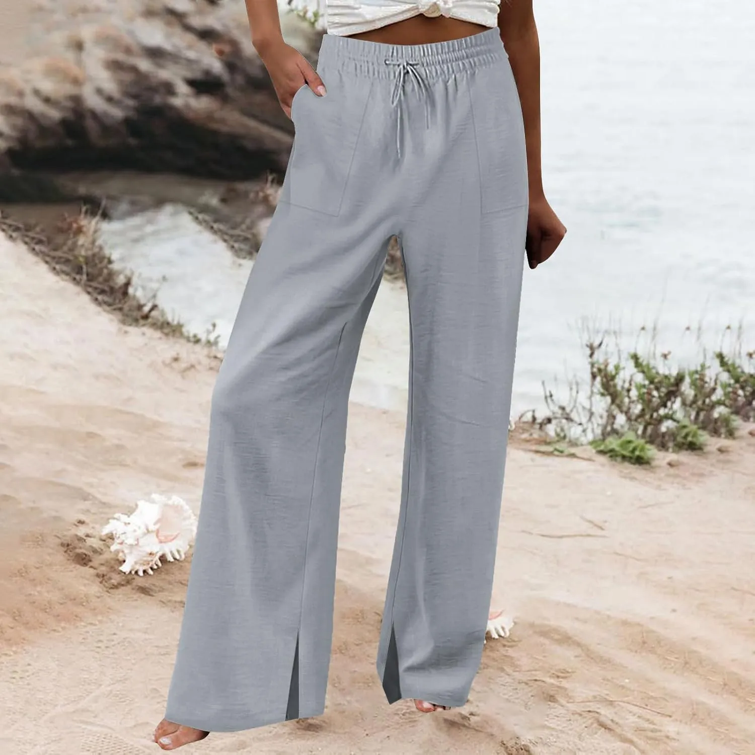 Wide Leg Linen Pants Women Summer Elastic High Waisted Palazzo Pants Side Slit Casual Work Beach Trousers with Pocket