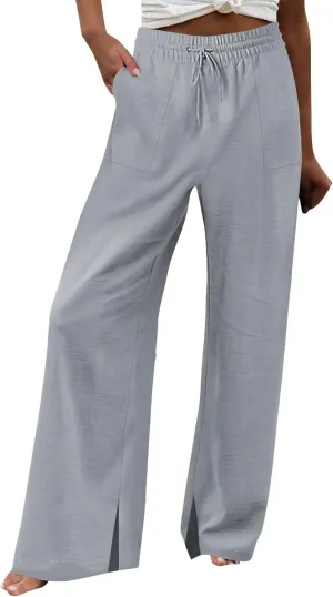 Wide Leg Linen Pants Women Summer Elastic High Waisted Palazzo Pants Side Slit Casual Work Beach Trousers with Pocket