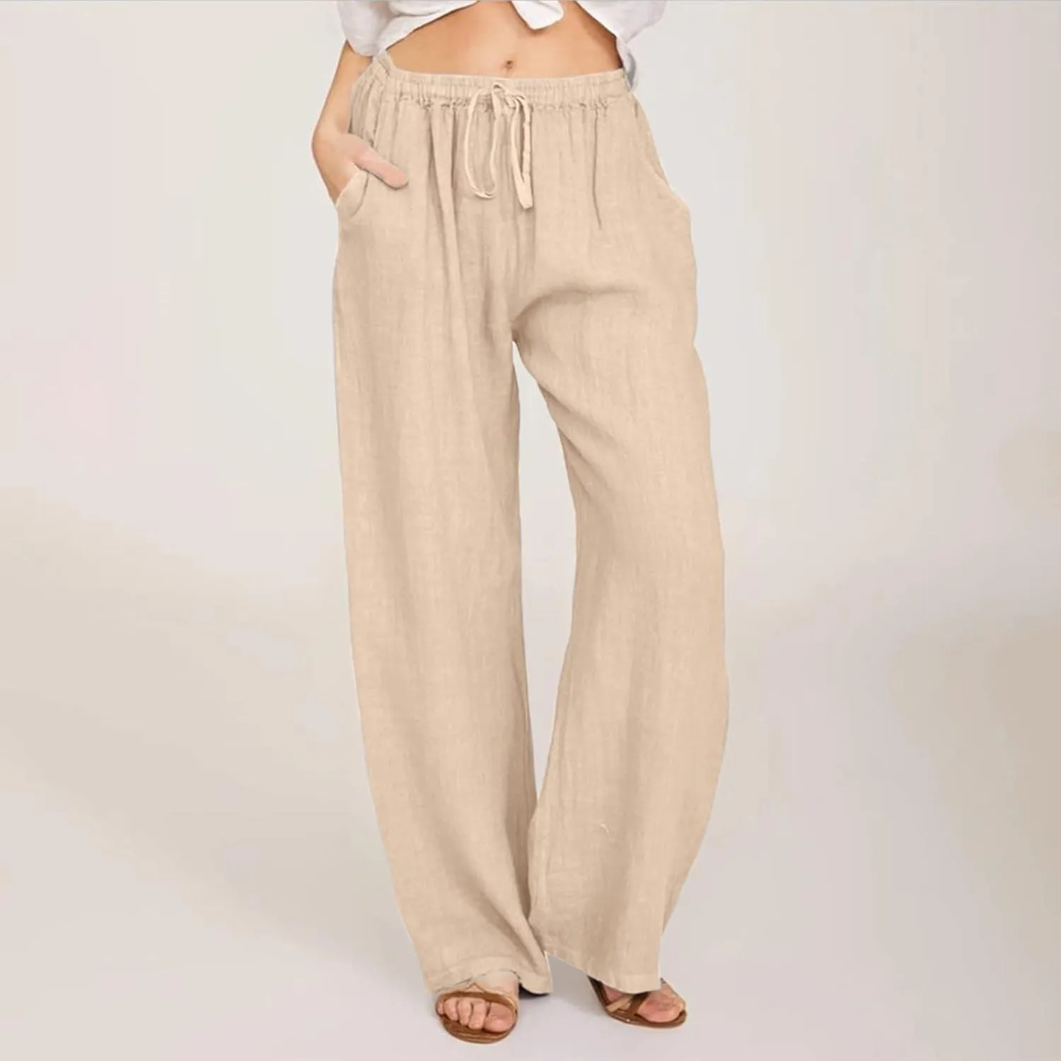 Wide Leg Linen Pants Women Summer Flowy Beach Pants Casual Drawstring High Waisted Palazzo Pants Plus Size Yoga Trousers