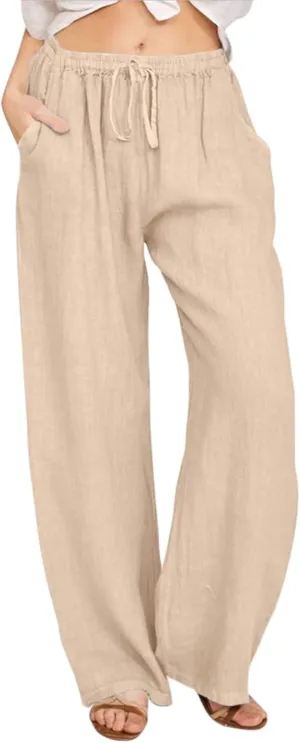 Wide Leg Linen Pants Women Summer Flowy Beach Pants Casual Drawstring High Waisted Palazzo Pants Plus Size Yoga Trousers