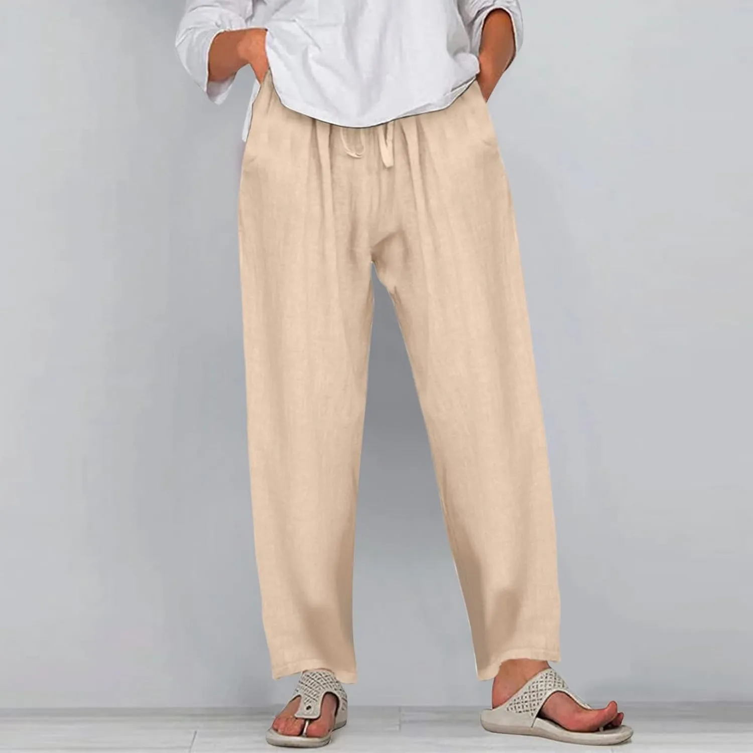 Wide Leg Linen Pants Women Summer Flowy Beach Pants Casual Drawstring High Waisted Palazzo Pants Plus Size Yoga Trousers