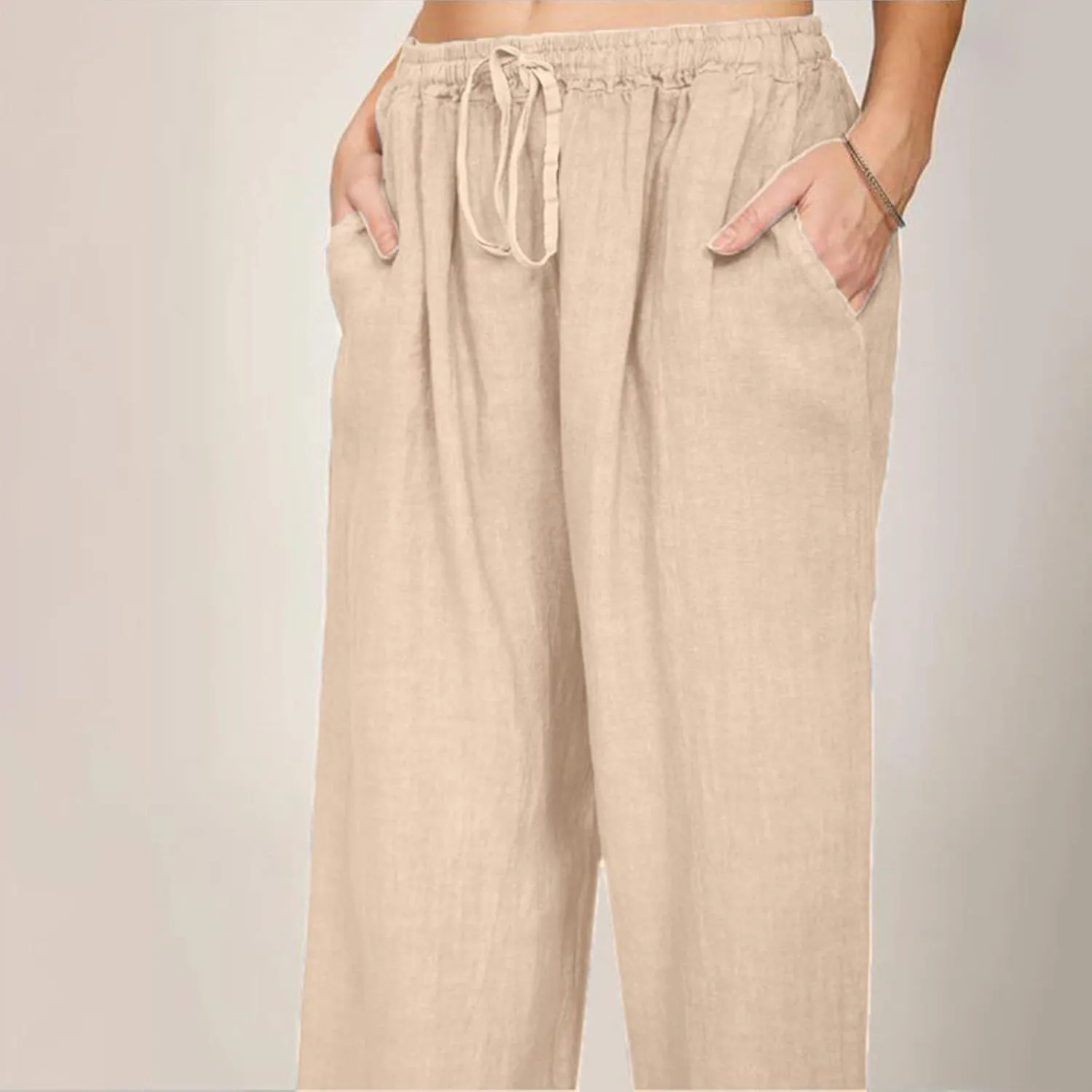 Wide Leg Linen Pants Women Summer Flowy Beach Pants Casual Drawstring High Waisted Palazzo Pants Plus Size Yoga Trousers