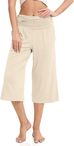 Wide Leg Pants for Womens High Waist Flowy Elastic Waist Loose Trousers Pleated Solid Color Elegant Capris Pants
