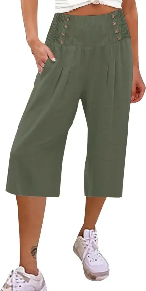 Wide Leg Work Pants for Women Pants Elastic Waist Summer Trousers 3/4 Length Pants with High Linen Pants for Women