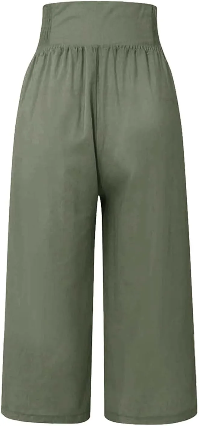 Wide Leg Work Pants for Women Pants Elastic Waist Summer Trousers 3/4 Length Pants with High Linen Pants for Women