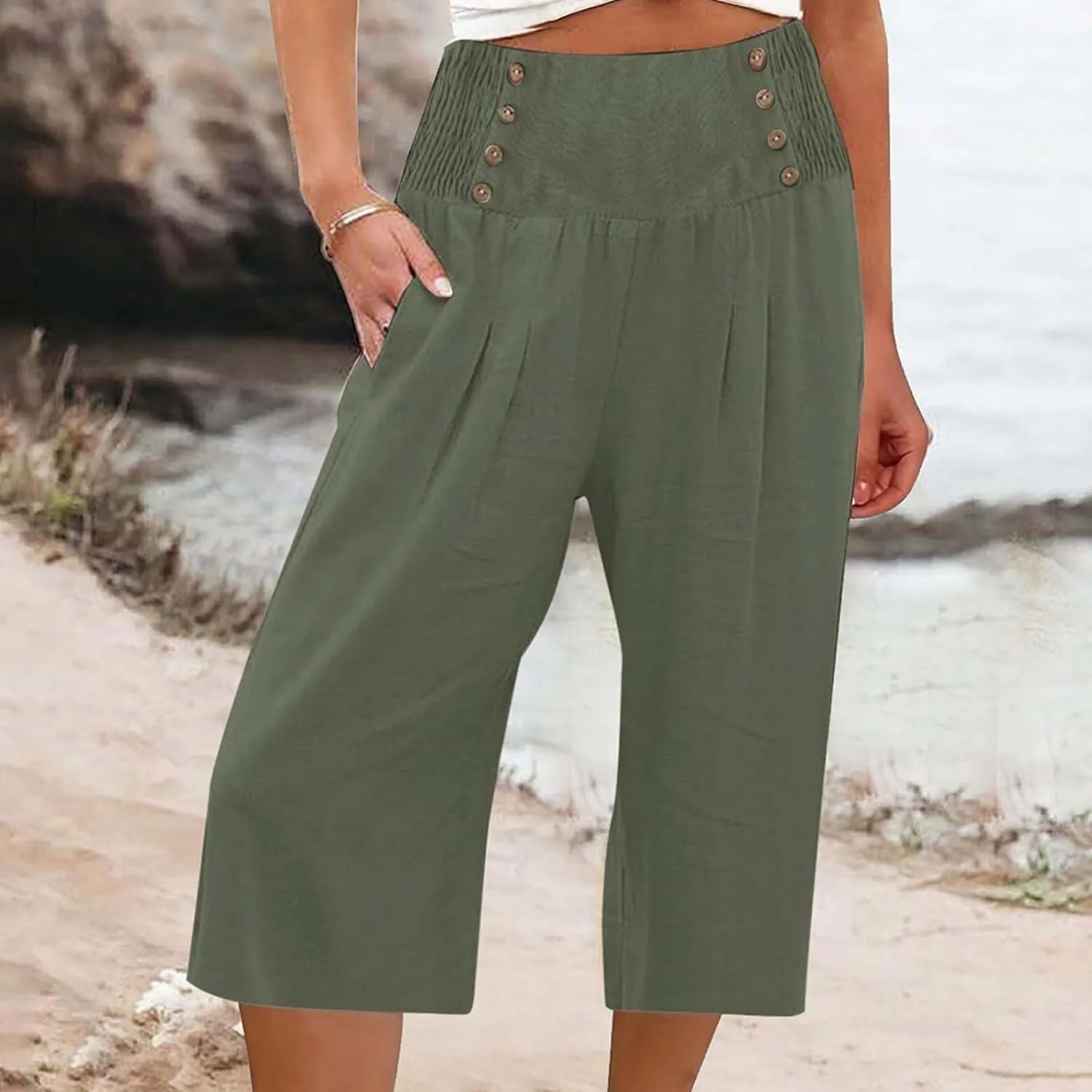 Wide Leg Work Pants for Women Pants Elastic Waist Summer Trousers 3/4 Length Pants with High Linen Pants for Women