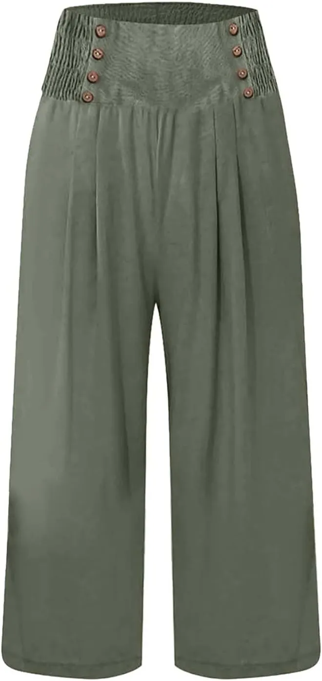 Wide Leg Work Pants for Women Pants Elastic Waist Summer Trousers 3/4 Length Pants with High Linen Pants for Women