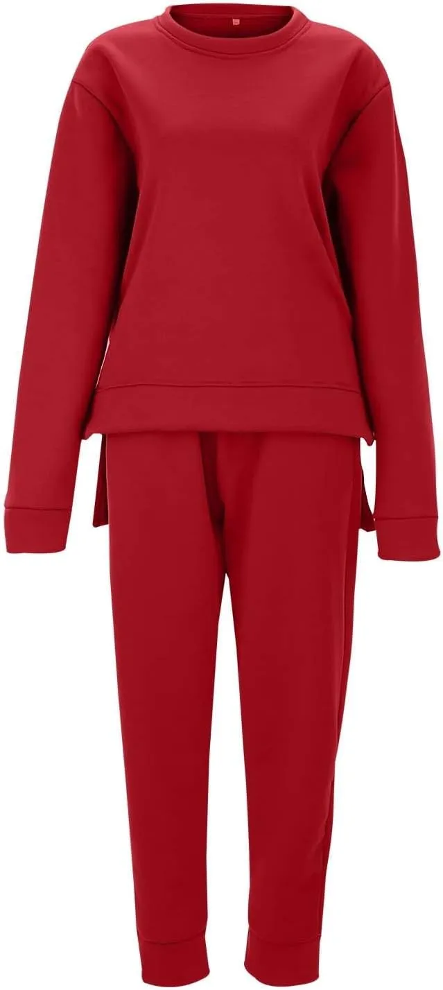 Women 2 Piece Outfits Long Sleeve V Neck Solid Color Sweatsuit Sweatshirt Baggy Fall Fashion Sweatpants Sets