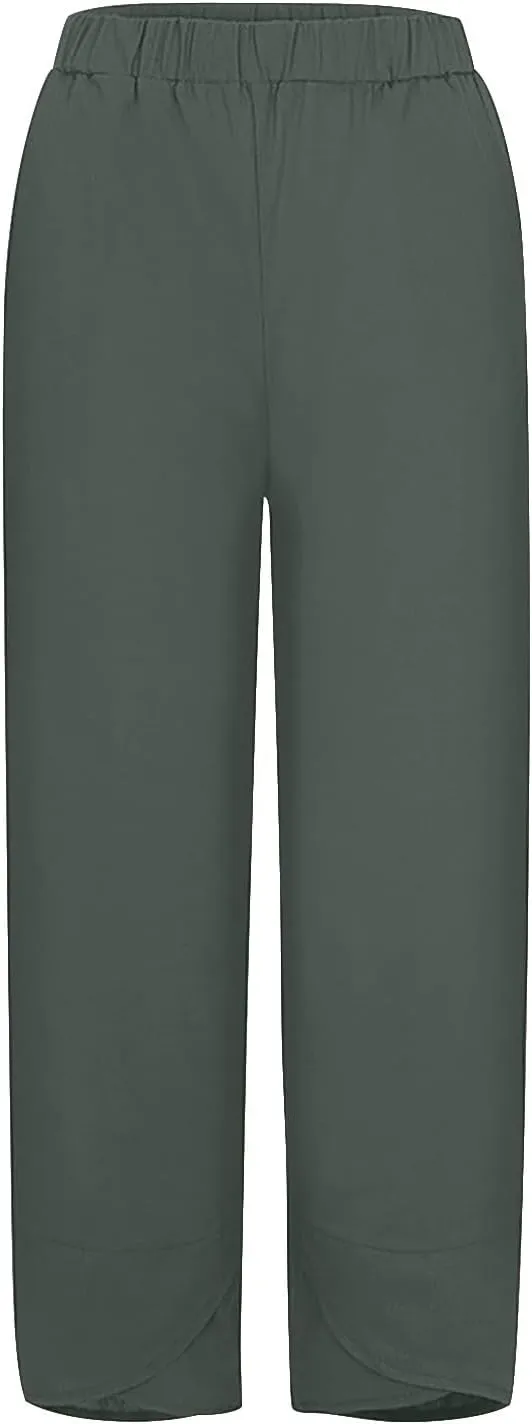 Women Cotton Linen Cropped Pants Casual Summer Elastic High Waist Loose Fit Wide Leg Drawstring Lounge Trousers with Pockets