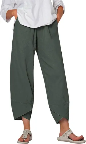 Women Cotton Linen Cropped Pants Casual Summer Elastic High Waist Loose Fit Wide Leg Drawstring Lounge Trousers with Pockets