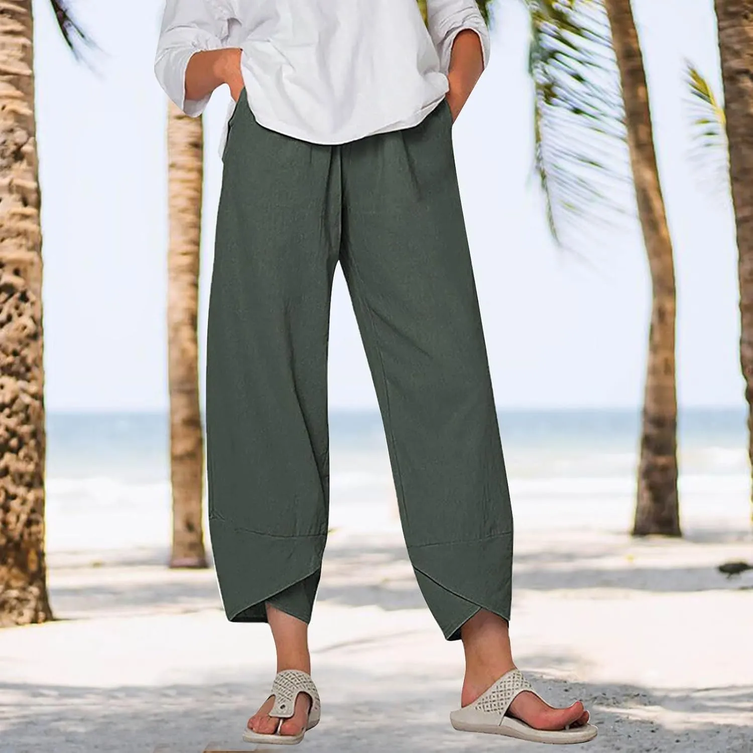 Women Cotton Linen Cropped Pants Casual Summer Elastic High Waist Loose Fit Wide Leg Drawstring Lounge Trousers with Pockets