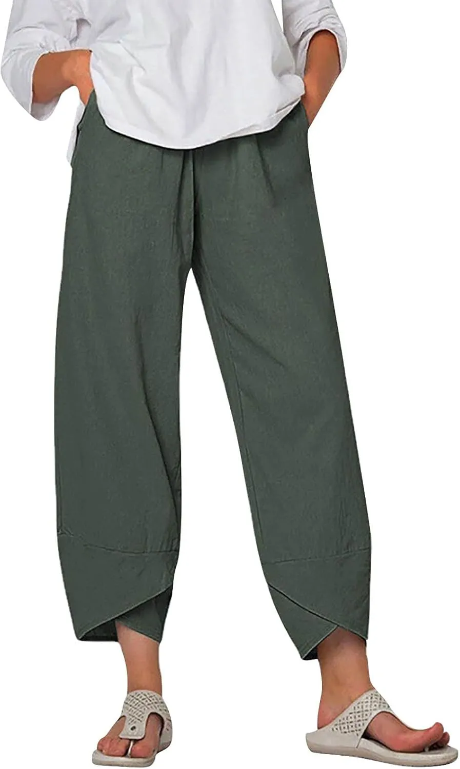 Women Cotton Linen Cropped Pants Casual Summer Elastic High Waist Loose Fit Wide Leg Drawstring Lounge Trousers with Pockets