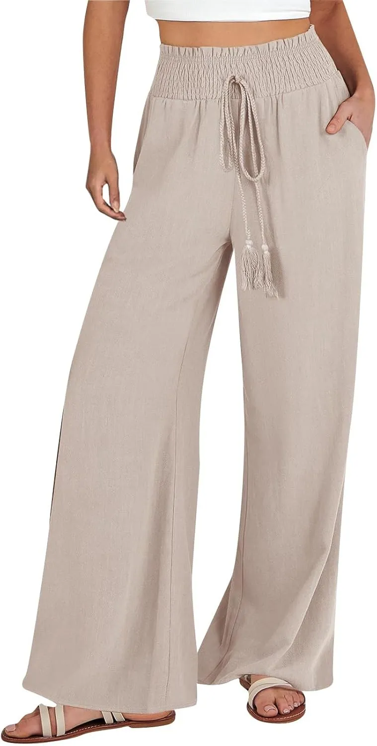 Women Cotton Linen Summer Casual Loose Palazzo Lounge Pants Elastic Waisted Stretchy Slim Fit Pant Trousers