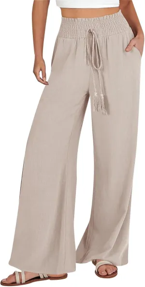 Women Cotton Linen Summer Casual Loose Palazzo Lounge Pants Elastic Waisted Stretchy Slim Fit Pant Trousers