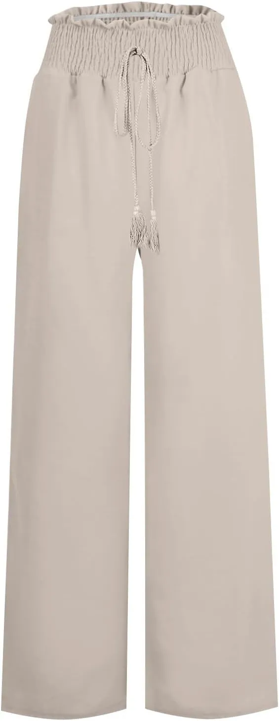 Women Cotton Linen Summer Casual Loose Palazzo Lounge Pants Elastic Waisted Stretchy Slim Fit Pant Trousers