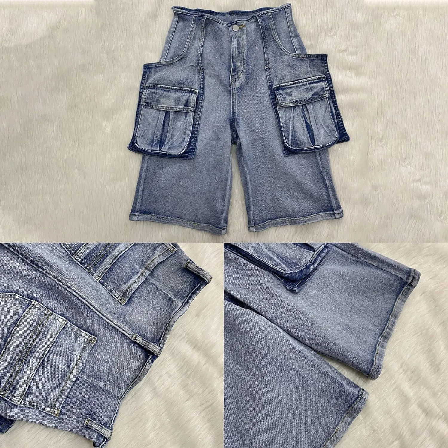 Women Distressed Jean Shorts Y2K Stretchy High Waist Straight Leg Bermuda Denim Short with Pockets
