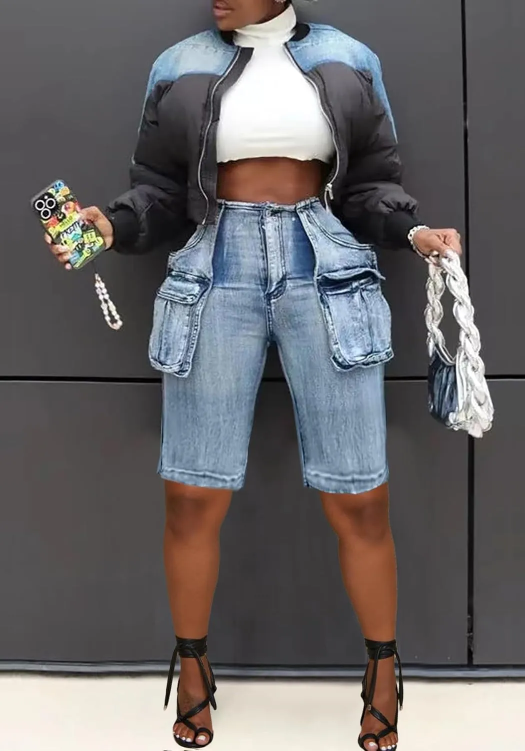 Women Distressed Jean Shorts Y2K Stretchy High Waist Straight Leg Bermuda Denim Short with Pockets