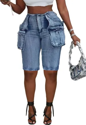 Women Distressed Jean Shorts Y2K Stretchy High Waist Straight Leg Bermuda Denim Short with Pockets
