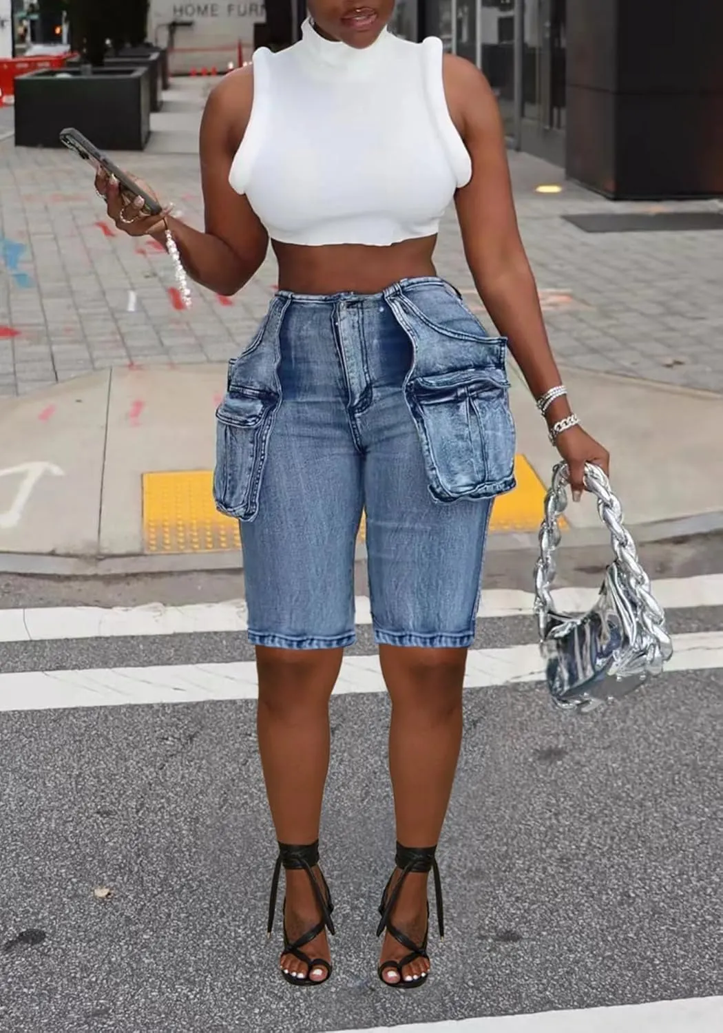 Women Distressed Jean Shorts Y2K Stretchy High Waist Straight Leg Bermuda Denim Short with Pockets