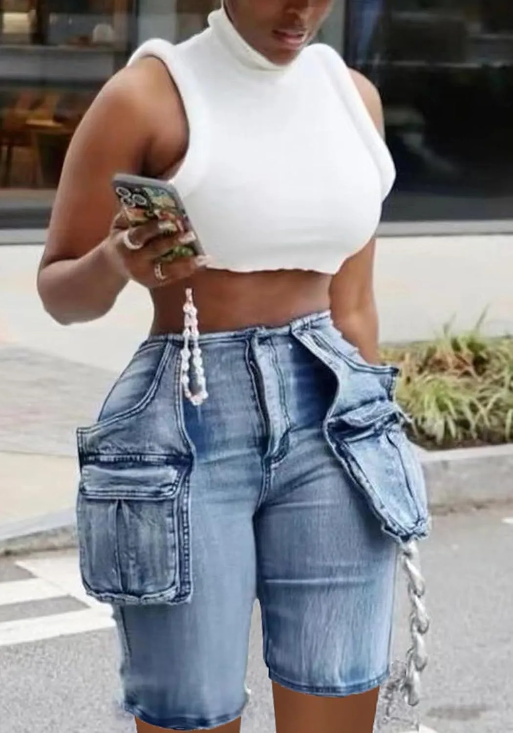 Women Distressed Jean Shorts Y2K Stretchy High Waist Straight Leg Bermuda Denim Short with Pockets