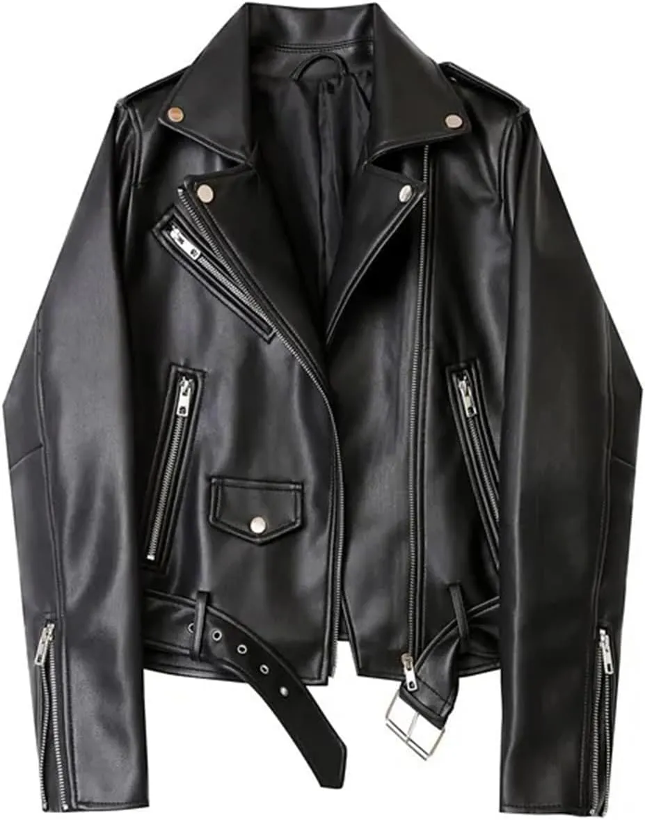 Women Faux Leather Casual Jacket Solid Color Zipper Cropped Coat Bomber Biker Moto Jackets Outwear