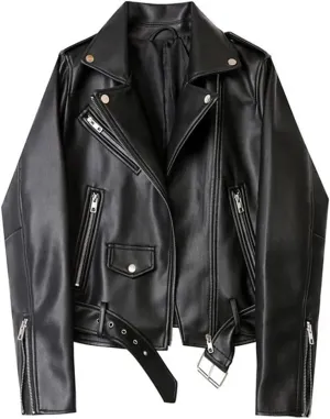 Women Faux Leather Casual Jacket Solid Color Zipper Cropped Coat Bomber Biker Moto Jackets Outwear