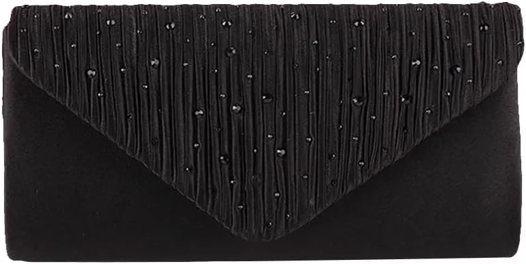 Women Formal Clutch Purse with Chain Rhinestone Wallet Large Capacity Pleated Evening Purse Wedding Party Evening Bag (Black)