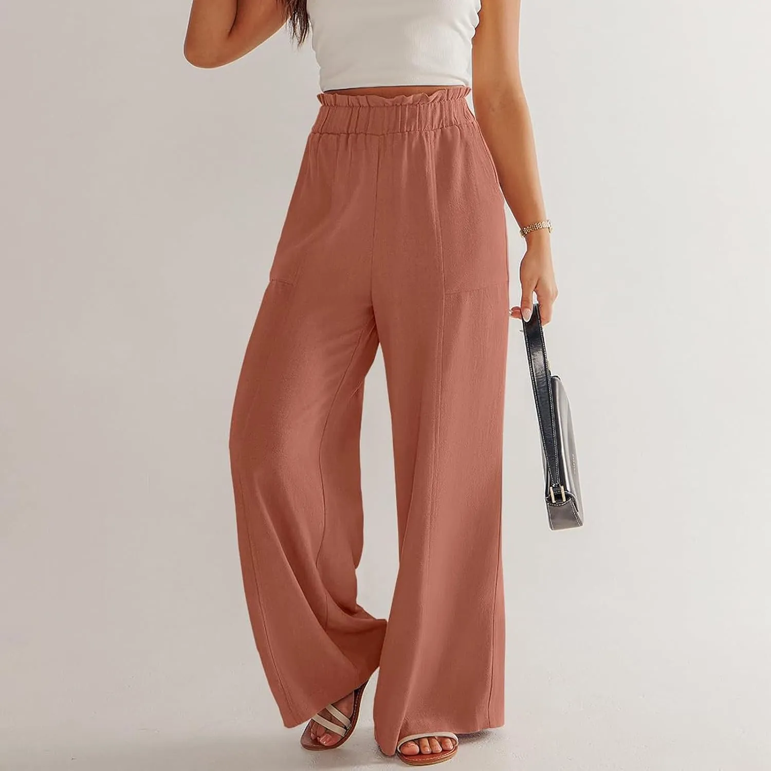 Women High Waisted Cotton Linen Pants Casual Loose Wide Leg Beach Pants Summer Outfits 2024 Trendy