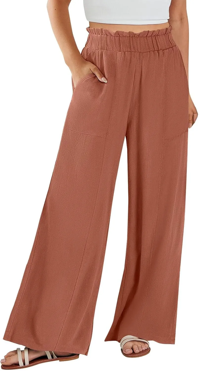 Women High Waisted Cotton Linen Pants Casual Loose Wide Leg Beach Pants Summer Outfits 2024 Trendy