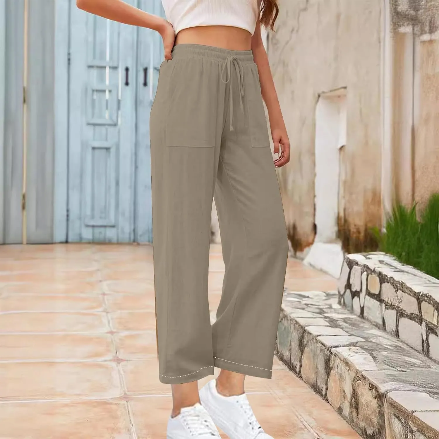 Women High Waisted Linen Pants Petite Summer Casual Pants Drawstring Straight Plus Size Lounge Trousers
