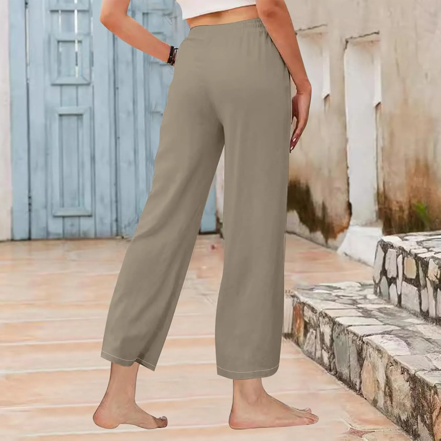 Women High Waisted Linen Pants Petite Summer Casual Pants Drawstring Straight Plus Size Lounge Trousers