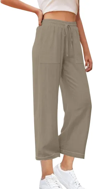 Women High Waisted Linen Pants Petite Summer Casual Pants Drawstring Straight Plus Size Lounge Trousers