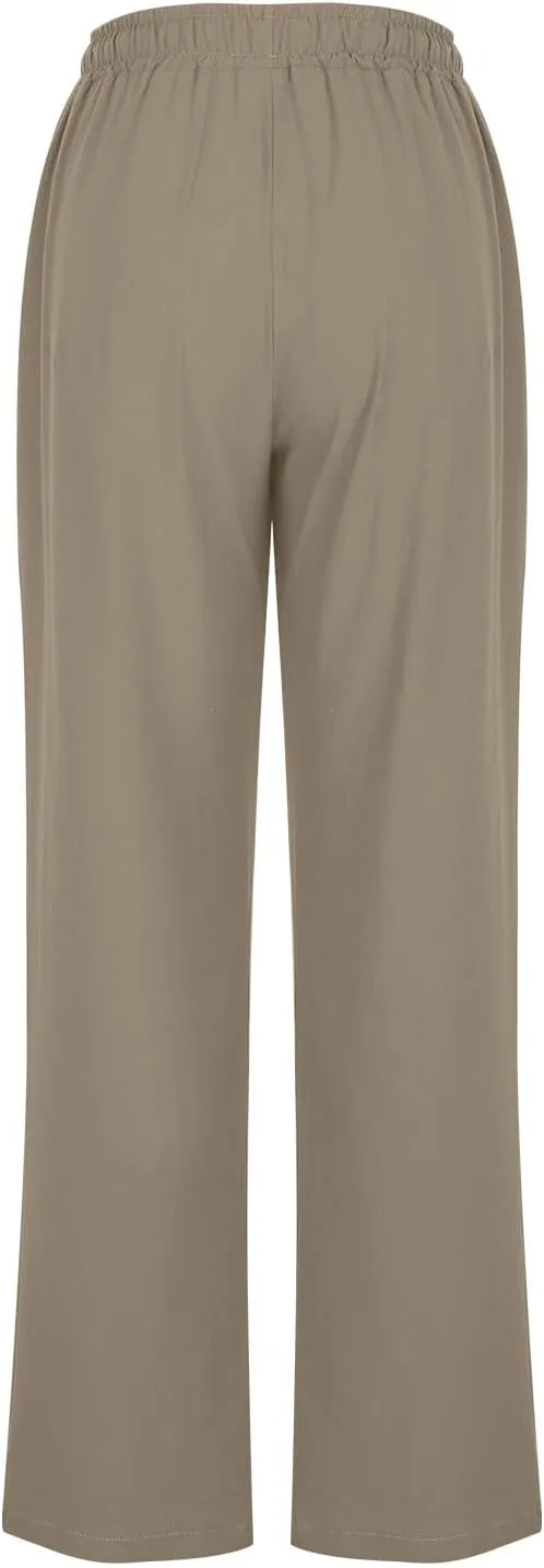 Women High Waisted Linen Pants Petite Summer Casual Pants Drawstring Straight Plus Size Lounge Trousers