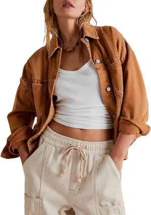 Women Jacket Solid Turn-down Collar Denim Jackets Long Sleeve Button Closure Fall Jacket with Pockets