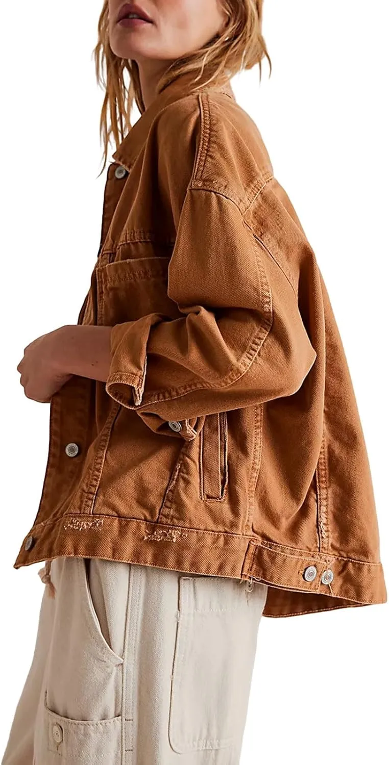 Women Jacket Solid Turn-down Collar Denim Jackets Long Sleeve Button Closure Fall Jacket with Pockets