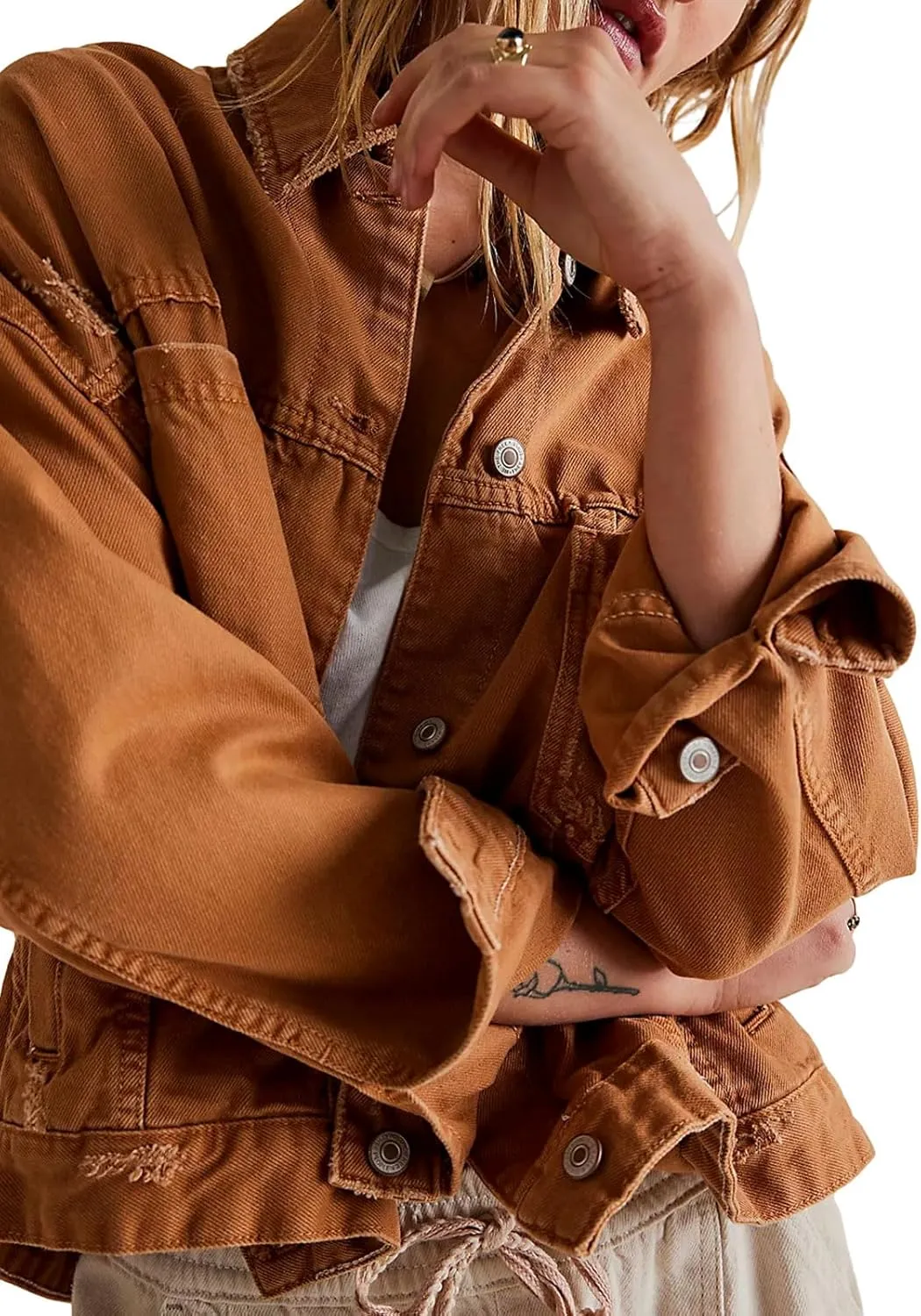 Women Jacket Solid Turn-down Collar Denim Jackets Long Sleeve Button Closure Fall Jacket with Pockets