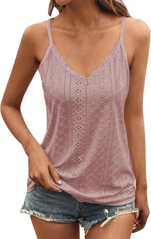 Women Lace Camisole Tops Spaghetti Strap Eyelet Tank Shirts Summer Sleeveless Cute Loose Fit Shirts Embroidery Blouse