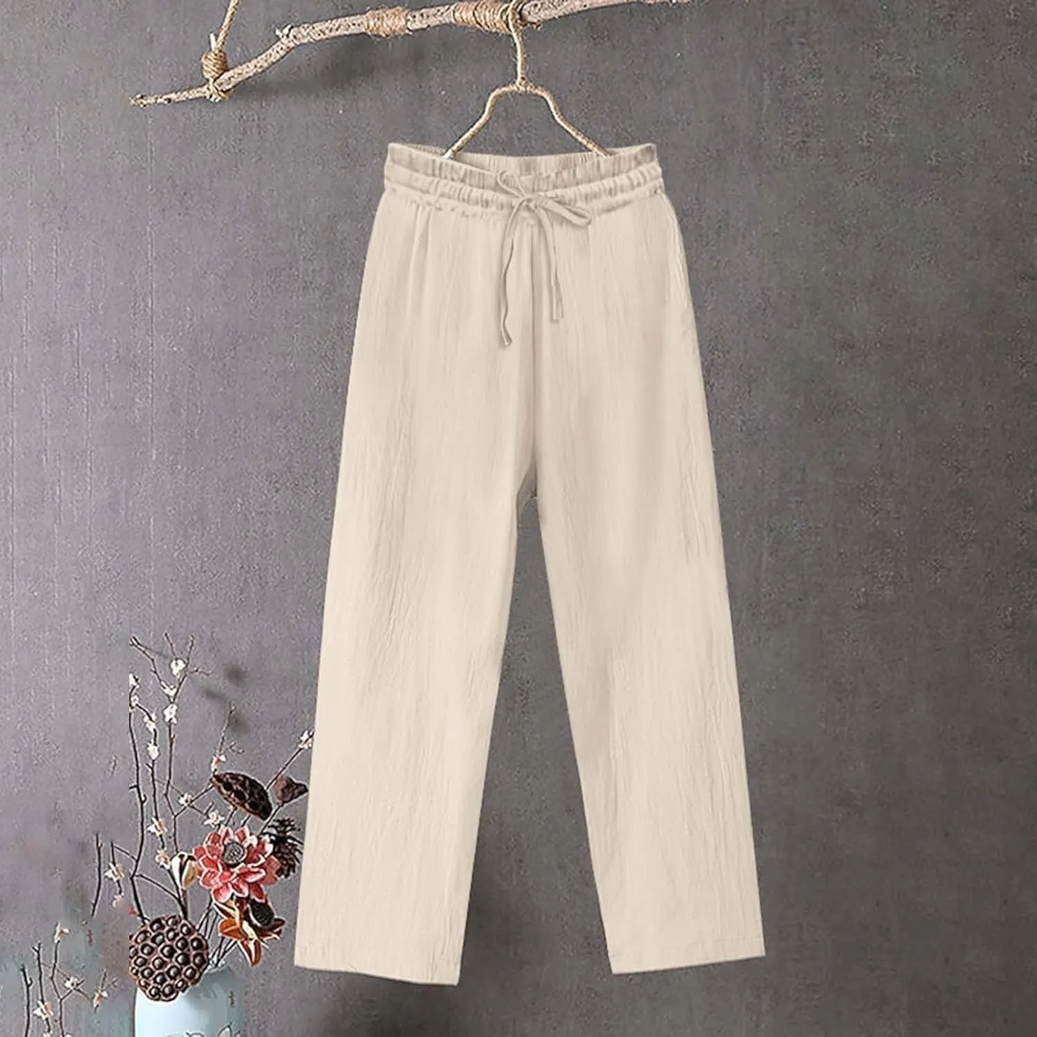 Women Linen Palazzo Pants Wide Leg,High Waist Casual Lounge Pant with Pockets Trendy Plus Size Loose Trousers Pants
