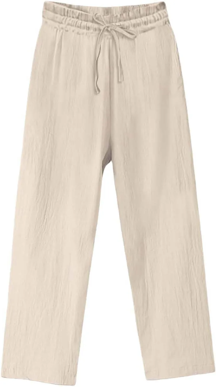 Women Linen Palazzo Pants Wide Leg,High Waist Casual Lounge Pant with Pockets Trendy Plus Size Loose Trousers Pants