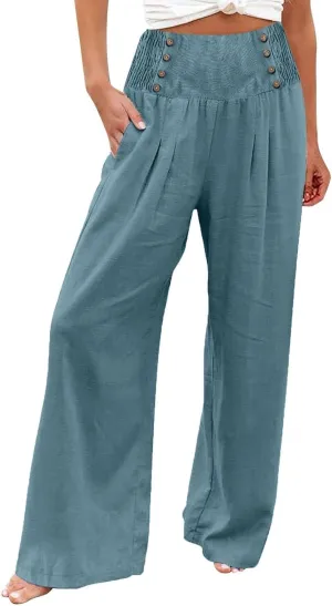 Women Linen Pants Palazzo Wide Leg Elastic High Waist Flowy Trousers Casual Loose Beach Travel Lounge Summer Pants