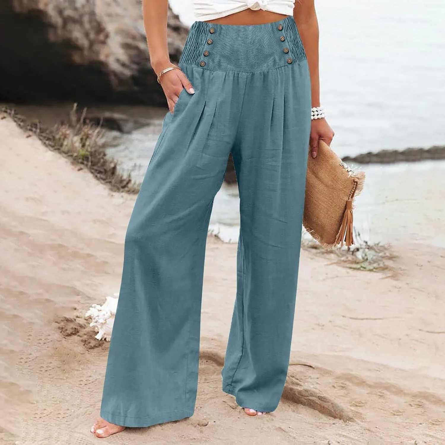 Women Linen Pants Palazzo Wide Leg Elastic High Waist Flowy Trousers Casual Loose Beach Travel Lounge Summer Pants