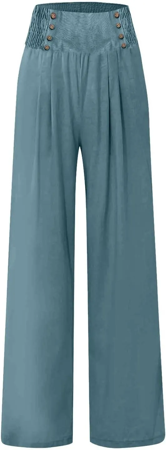 Women Linen Pants Palazzo Wide Leg Elastic High Waist Flowy Trousers Casual Loose Beach Travel Lounge Summer Pants
