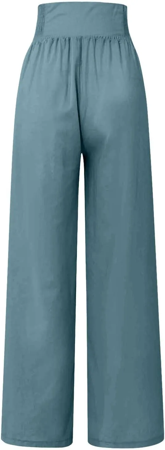 Women Linen Pants Palazzo Wide Leg Elastic High Waist Flowy Trousers Casual Loose Beach Travel Lounge Summer Pants